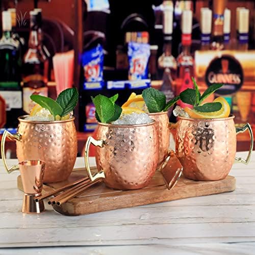 Moscow Mule Copper Mug Set of 4 Copper Moscow Mule Mugs 18oz Plated Stainless Steel Cups with 1/0.5oz Jigger Perfect for Cocktails Cold Drinks Barware