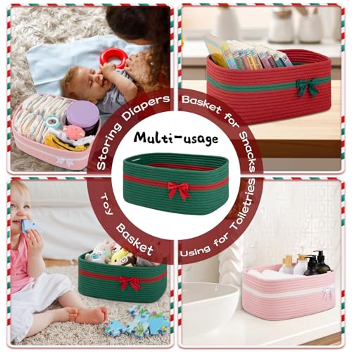 Image of OIAHOMY Christmas Basket with Gift Bags and Ribbons, Woven Storage Basket for Decorations, Nursery, Pets - Red