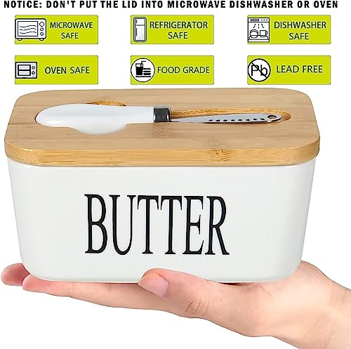 Image of MEETOZ Ceramic Butter Dish with Wooden Lid, Airtight Butter Keeper for Counter or Fridge with Stainless Steel Multipurpose Butter Knife, Butter Container with Double High-Quality Silicone