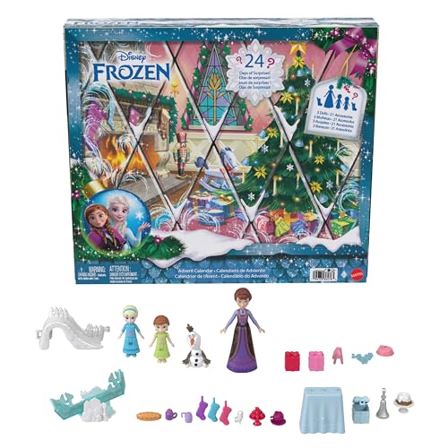 Mattel Disney Frozen Young Anna & Elsa Small Doll Advent Calendar with 24 Days of Surprises Including Olaf Figure Queen Iduna Doll Seesaw & Slide