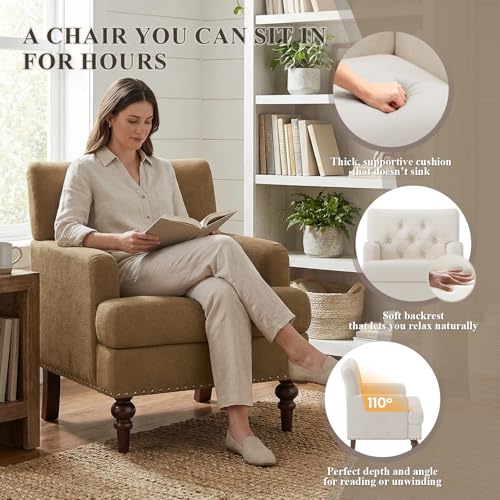 Image of MALOL Upholstered Accent Chair Set of 2, Comfy Reading Chair for Living Room, Mid Century Modern Armchair with Thick Cushion & Solid Rubberwood Legs, for Bedroom /Small Spaces, Brown