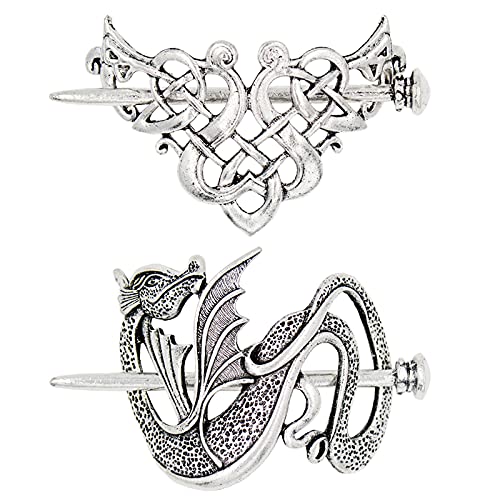 Silver Celtic Hair Slide Hairpin Hair Clips, Celtic Knot Barrette Hair Stick Hair Pins Viking Hair Clips for Women (Style-C+M)
