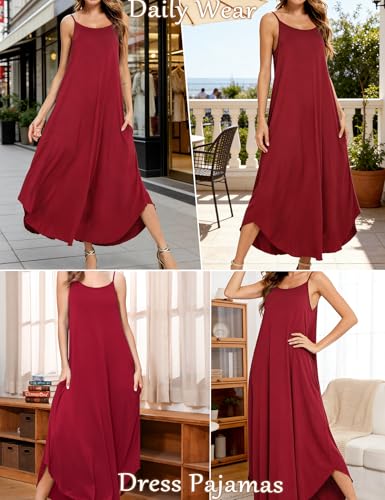 Image of SWOMOG Women Long Nightgown Pajama Dress Soft Strap Nightdress Summer Sleeveless Nightshirt Lounge Dress with Pockets