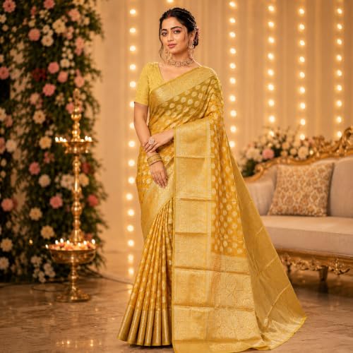 Image of Organza Silk Saree Wedding For Women Banarasi Sadi Original Kanchipuram Pure Rich Pallu Sari With Blouse Piece