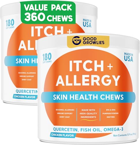GOODGROWLIES Dog Allergy Relief Chews — Anti-Itch Skin & Coat Supplement: No Fillers, Just Flavor - Itchy Skin Relief Treatment w/Omega 3 Fish Oil - Itching&Paw Licking - 360 Allergy Chews (Chicken)