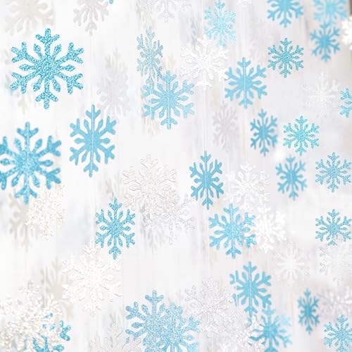 Image of Snowflake-Snow Teal-Silver Christmas Party-Decoration Garland - 52ft Turquoise Winter Wonderland Frozen Ornaments Hanging Paper Streamers,New Years Birthday Baby Shower Wedding Ceiling Decor Hugfond
