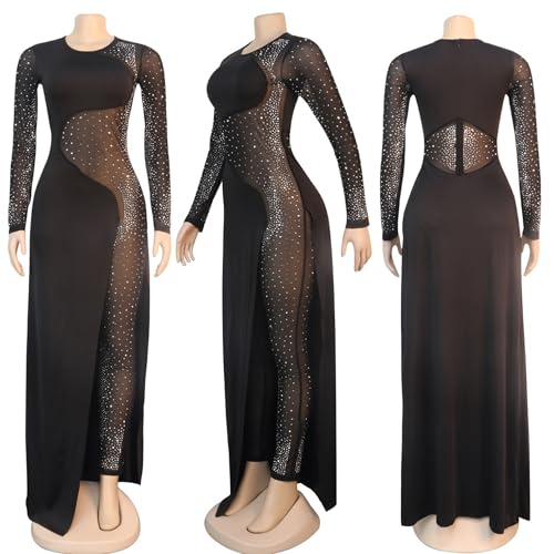 Image of Jigfar Women Sexy Embellished Rhinestone Bodycon Jumpsuit Mesh See Through Patchwork Birthday Party Night Out Clubwear