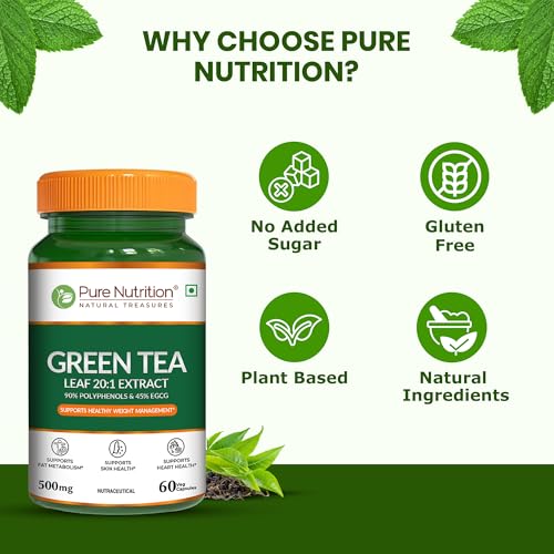 Image of Pure Nutrition Green Tea for Weight Loss | Green Tea Leaf Extract 500mg | 90% Polyphenols & 45% EGCG | Fat Cutter Supplements | Antioxidant Support | Energy & Metabolism Support | Skin & Heart Health Support - 60 Veg Capsules