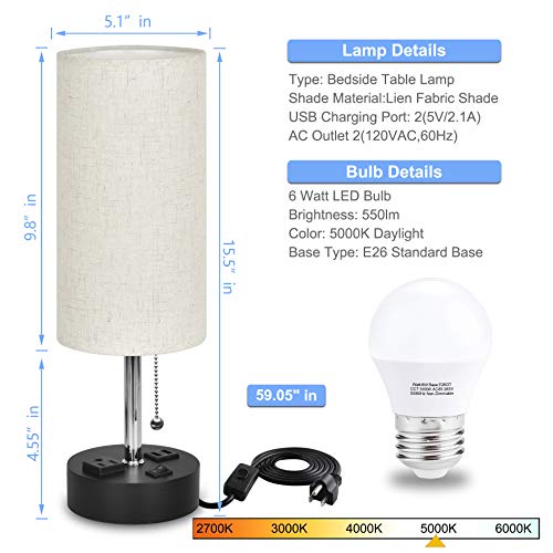 Winshine Table Lamp For Bedroom, Usb Bedside Lamp Nautral Daylight Modern Nightstand Lamp With Usb Port To Recharging, Ac Outlets Fabric Linen Shade,Led Bulb Included Perfect For Living Room, Bedroom #TOP2