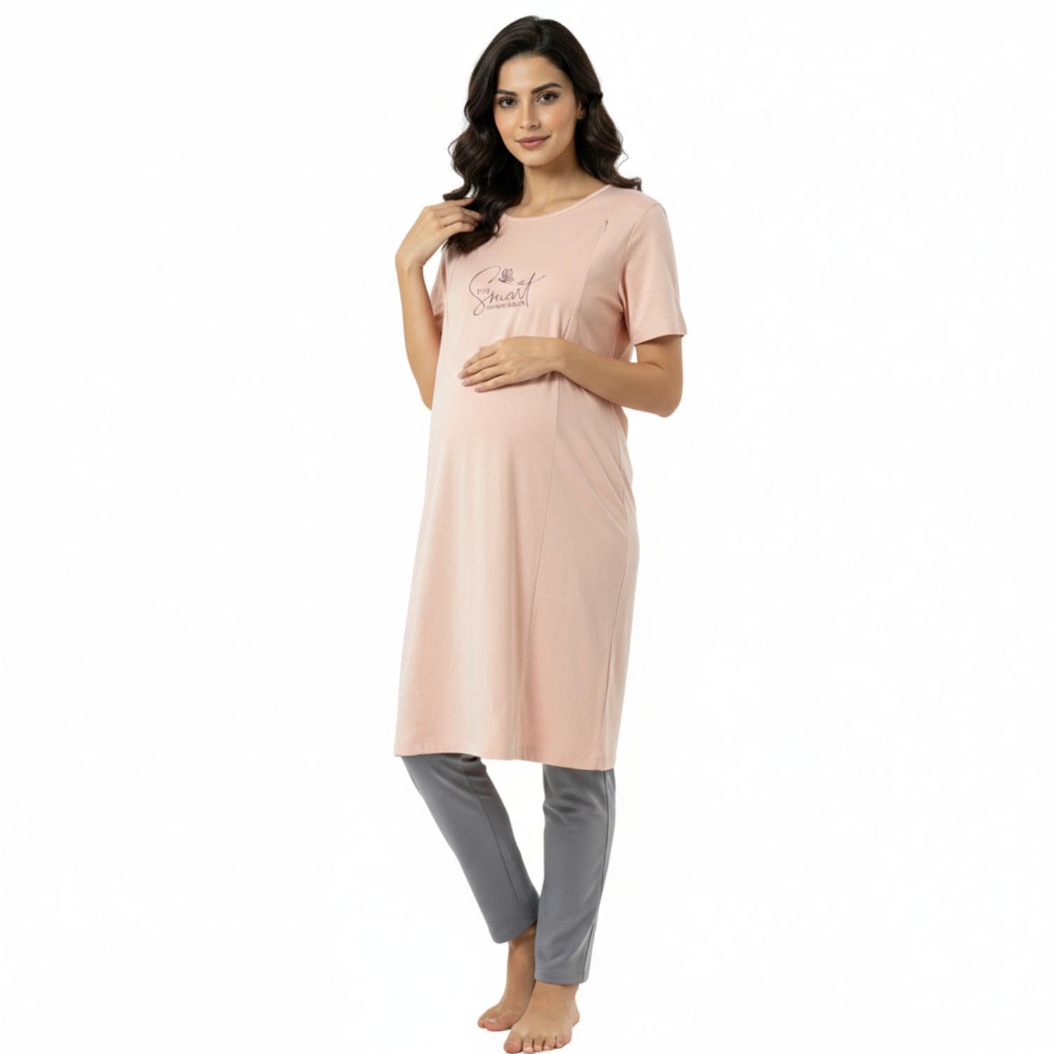 Women Combed Cotton Maternity Lounge Peach T-Shirt & Grey Pant-image-11