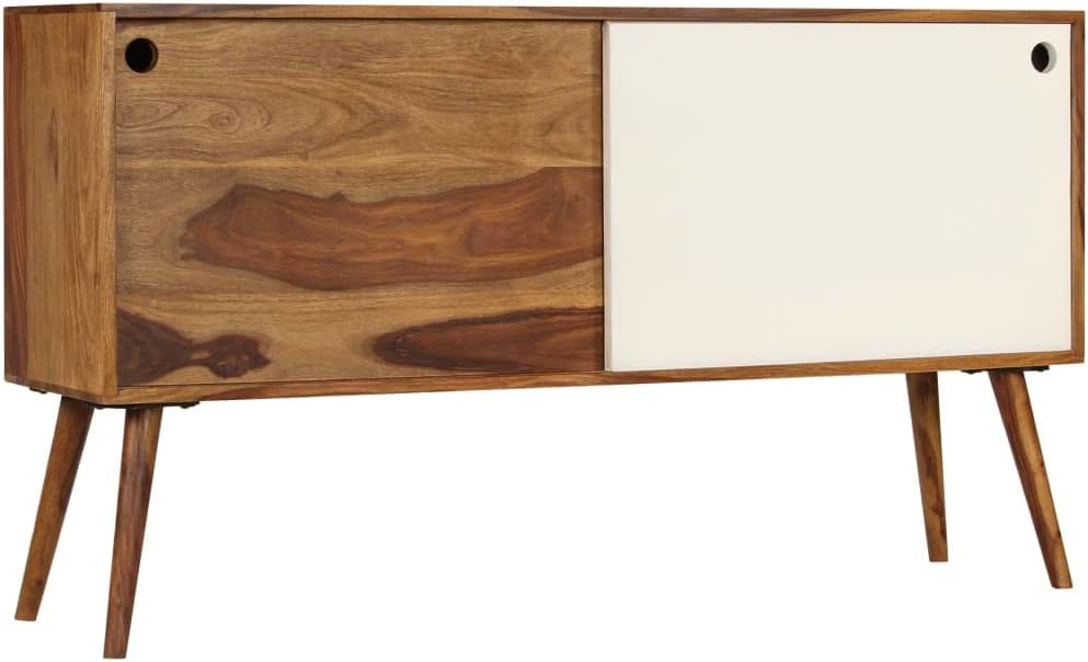 Solid Wood Sideboard Console in Brown and White, 46.5x11.8x26.0 Inches, 2 Spacious Compartments, Acacia Wood Furniture with Unique Grain, Sturdy Construction for Living Room,
