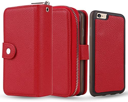 iPhone 6S Wallet Case, Mouselemur iPhone 6 Wallet Purse Case Leather Zipper Case with credit card slots and Magnetic Detachable Slim Cover for iPhone 6/6S 4.7" Red