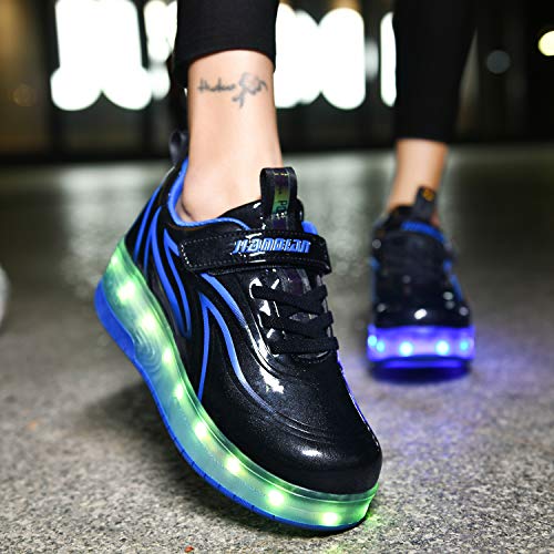 Unisex Kinder LED Licht USB Wiederaufladbar Skateboardschuhe mit Doppelrad Rollen,Drucktaste Einstellbare Roller Skates, Outdoor Sport Fitnessschuhe Gymnastik Running Sneaker