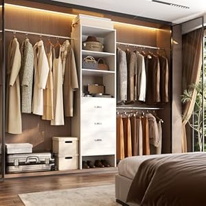 96'' Closet Organizer System with 3 Hanging Rods (Without 3 Storage Shelves), 8FT Closet Systems, Wall Mount Bedroom Wardrobe with 3 Wood Drawers, Adjustable Garment Rack from 5 to 8FT, White 96 Closet Organizer System with 3 Hanging Rods Without 3 Storage Shelves 8FT Closet Systems Wall Mount Bedroom Wardrobe with 3 Wood Drawers Adjustable Garment Rack from 5 to 8FT White