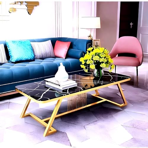 Image of Modern Rectangular Marble-Like Top Coffee Table with Metal Base for Living Room Sofa Center Tea Table for Home & Office Easy DIY Assembly (90 x 48 x 48 cm)(Golden Black)