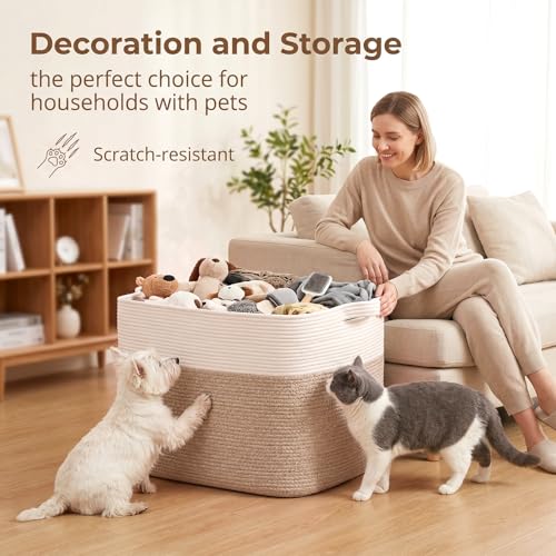OIASKET-108L-Cotton-Rope-Storage-Basket-for-Living-Room-and-Bedroom-25x16x16-Woven-Laundry-Basket-Heavy-Duty-Bin-for-Blankets-Pillows-Toys-Pet-Safe-Scratch-Free-Brown-and-White