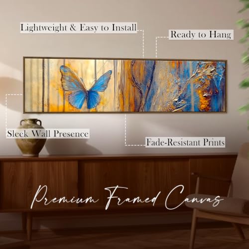 Image of Large Canvas Painting Panel Framed Wall Painting Abstract Blue Butterfly Framed Luxury Paintings for Home Decoration, Living room, Bedroom and Office Decoration - Blue, 13x47 Inch
