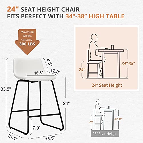 Image of LUE BONA 24 inch ALX Faux Leather Barstools Set of 2, Bar Stools, Modern Counter Height Stools with Back and Metal Legs, Armless Counter Chairs, White