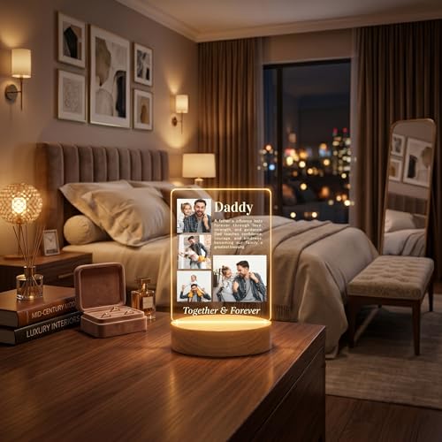 Image of Giftplease Fathers Day Personalized Rectangle Acrylic LED Frame - Custom Photo Wood Stand Tabletop Display with 4 Family Images & Meaningful Quote, Warm Decorative Photo For Dad, Grandpa Birthday
