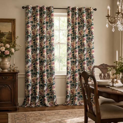 Image of ALIGOGO Taupe Linen Curtains for Dinding Room - Victorian Semi-Blackout Floral Curtains 108 Inches Long, Grommet Privacy Light Filtering Decorative Art Nouveau Decor, 50W x 108L Inch, 2 Panels