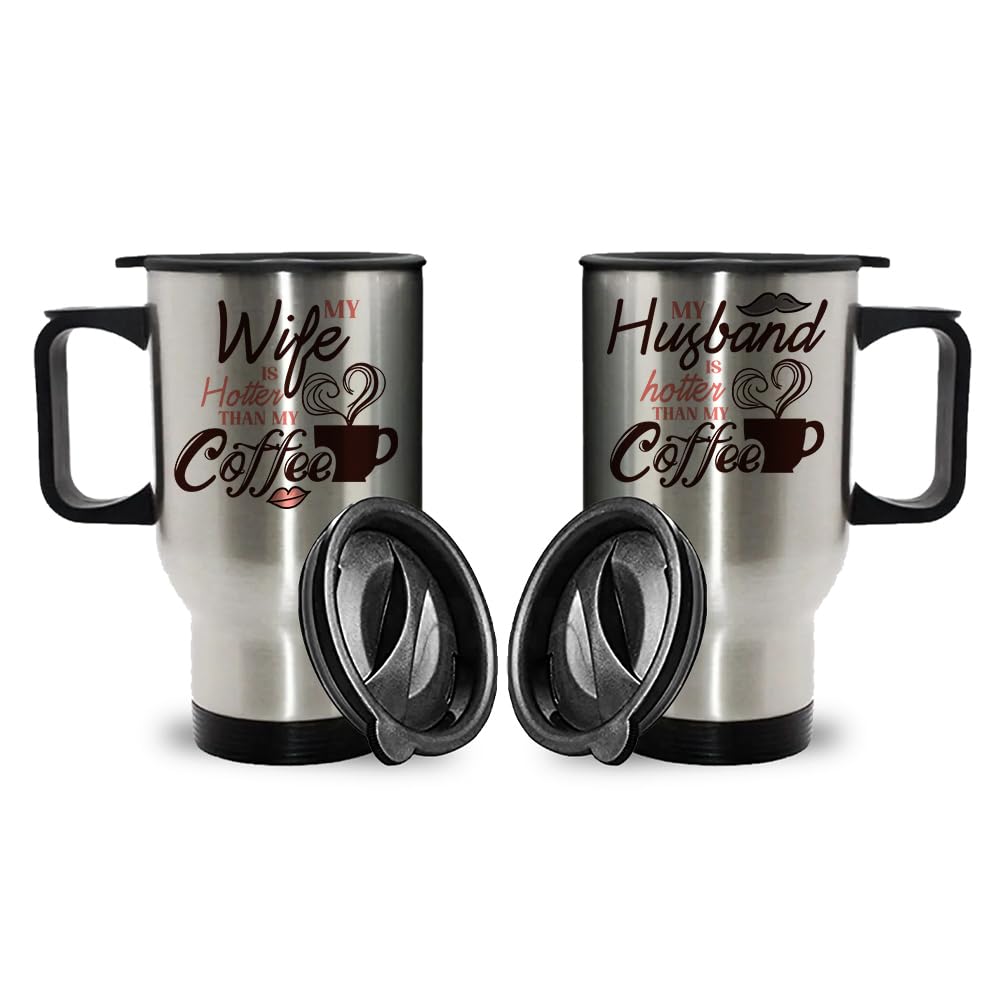 Getagift Couples Theme Coffee Mug Set Anniversary My Wife/Husband is Hotter Than My Coffee Valentine's Day Silver/White Insulated Travel Tea/Coffee Mug. (Silver)