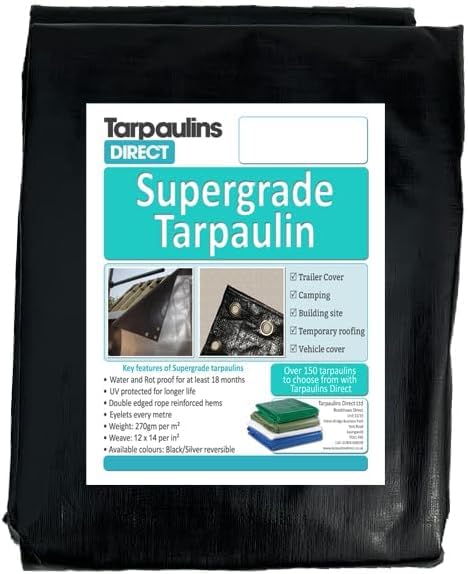 Super Grade Tarpaulin 6.0m X 5.0m 270gsm Black/Silver Ultra Heavy Duty Tarp Sheet with Metal Eyelets