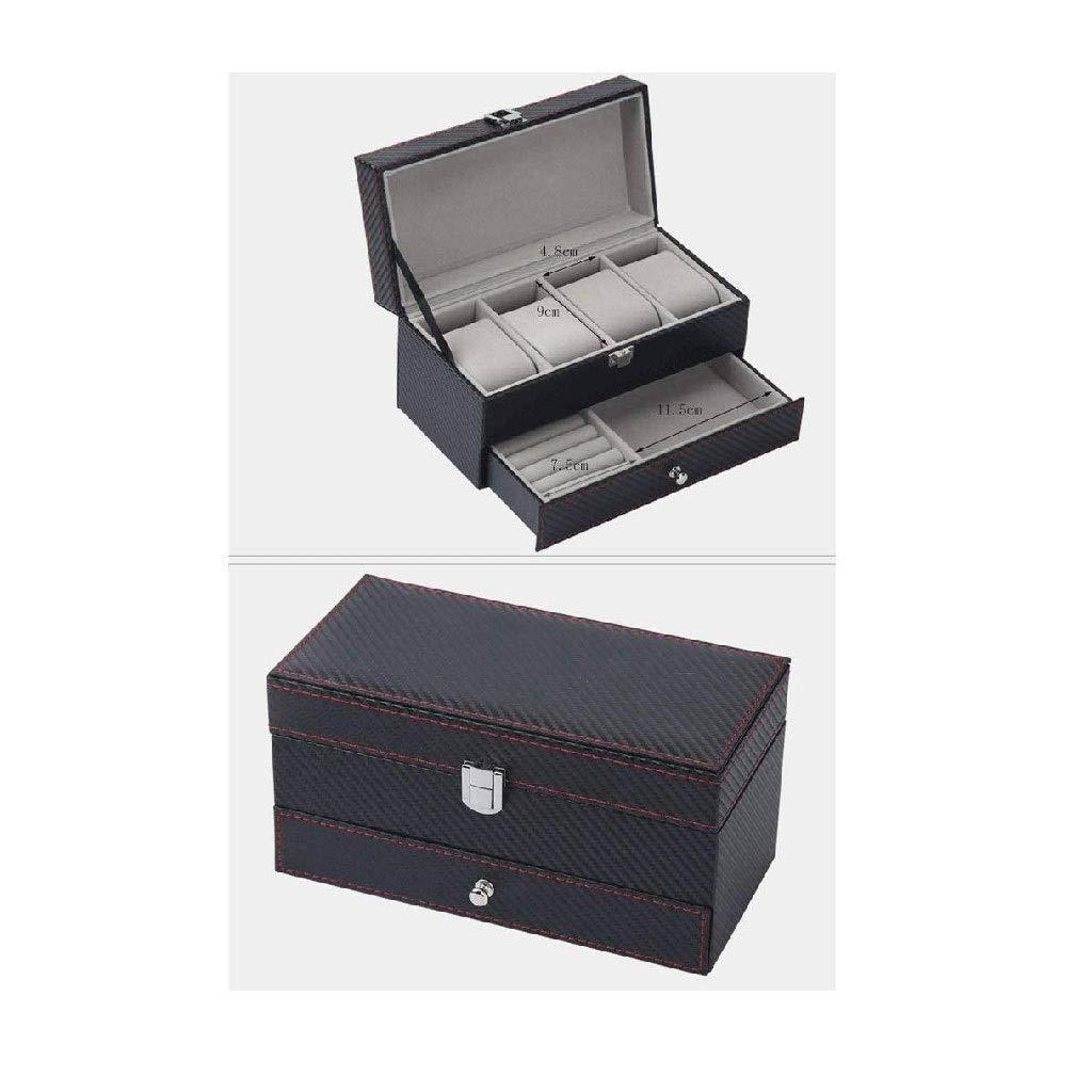 Schmuckschatulle – Uhrenbox-Organizer mit Valet-Schublade – Metallscharnier, Karbonfaser-Design, Weiß, Schwarz Present