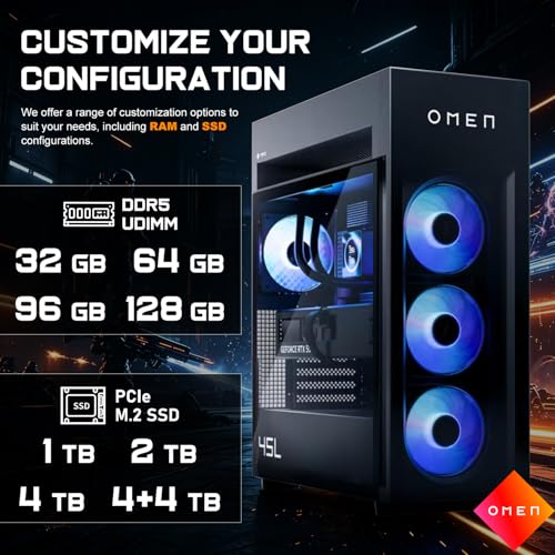 Image of PCONLINE HP OMEN MAX 45L Customized Gaming Tower Desktop, AMD Ryzen 9 9900X3D, GeForce RTX 5090, 32GB-128GB DDR5, 1TB-4TB PCIe M.2 SSD, RGB Light Studio, DP, HDMI, Wi-Fi 7, Windows 11 Home, Black