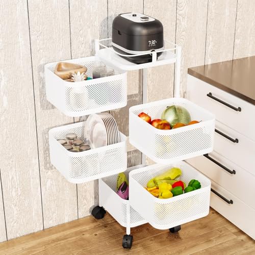 Carrito de cocina con estantes giratorios de 360° y cesta de frutas, carrito de almacenamiento blanco con ruedas para cocina, sala de estar y baño