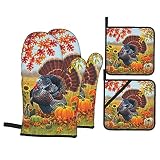 Turkeys Pumpkin Sunflower Flower Leaves Oven Mitts and Pot Holders Sets for Kitchen Accessories and
