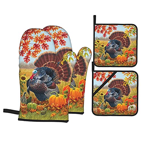 Turkeys Pumpkin Sunflower Flower Leaves Oven Mitts And Pot Holders Sets For Kitchen Accessories And Decor Bbq Cooking Oven Gloves Heat Resistant Mat Non-Slip For Baking Grilling Microwave #TOP27