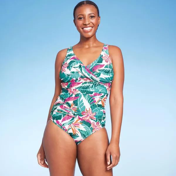 Women's Full Coverage Tummy Control Tropical Print Front Wrap One Piece Swimsuit -3