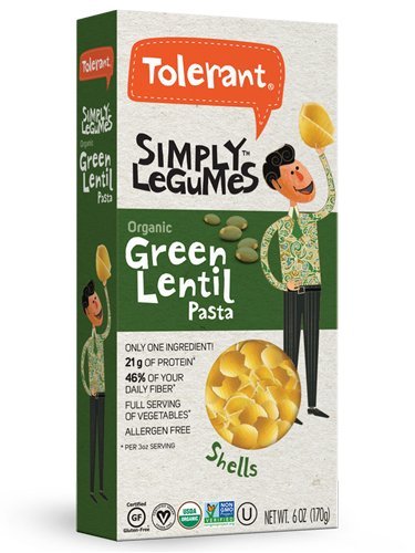Tolerant Foods - Organic Green Lentil Pasta – Simply Legumes – Shells - Pack of 6 – 6 Oz Each