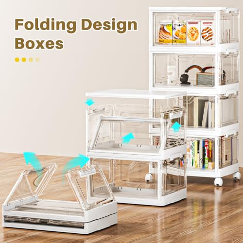 Image of SNSLXH Portable Clear Storage Bins with Lid & Wheels, 24QT Clear Storage Bins with Lid, 4-Tier Plastic Bins with Wheels, Stackable, Magnetic Doors, for Bedroom, Living Room, Office