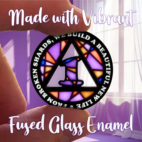 Image of Stained Glass 1 Year AA Chip Sobriety Coin Medallion, Fragments to Freedom Alcoholics Anonymous Addiction Recovery Anniversary Token, Inspirational Sober Gifts for Men and Women by the Token Shop