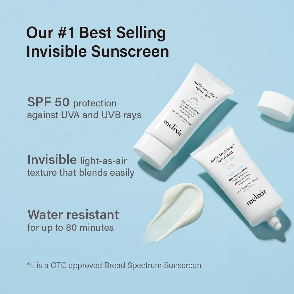 Melixir Airfit Invisible™ Sunscreen SPF 50, Broad Spectrum Korean Rice Sunscreen for Face, Hyaluronic Acid, Moisturizing Daily Protection for Sensitive Skin, No White Cast, Waterproof (1.7fl.oz./50ml) | Korean Rice, Hyaluronic Acid, Broad Spectrum...
