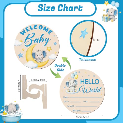 Image of Wooden Baby Monthly Milestone Cards Double Sided Baby Birth Sign Elephant | Hello World Milestone Sign Discs Pregnancy Baby Shower Gifts for Newborn Photo Props