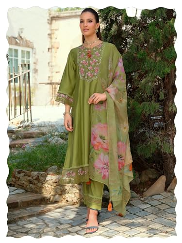 Image of INDO ERA Women's A-Line Cotton Blend Floral Embroidered Kurta & Pant With Dupatta Set (IEOUT11375)