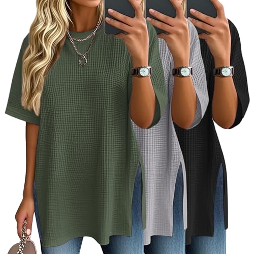 3 Pack Women's Oversize Short Sleeve Tops Waffle Knit Crewneck T-Shirts Summer Casual Side Split Tees