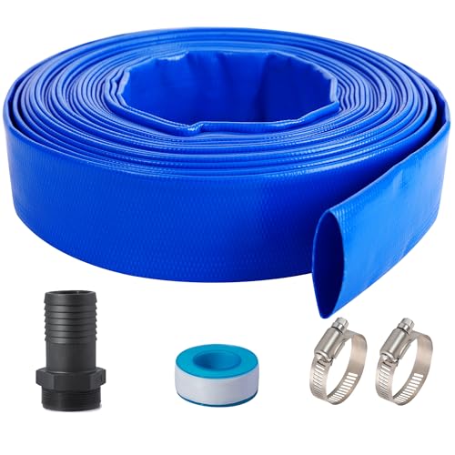 Image of 1-1 /2 inch (Flat 2.6'' width) x 100 FT Pool Backwash Hose Kit with Male NPT | Adapter, Blue Reinforced Pool Drain Discharge Hose for Swimming Pool Filter Pump,with 2 Clamp and Thread Seal Tape