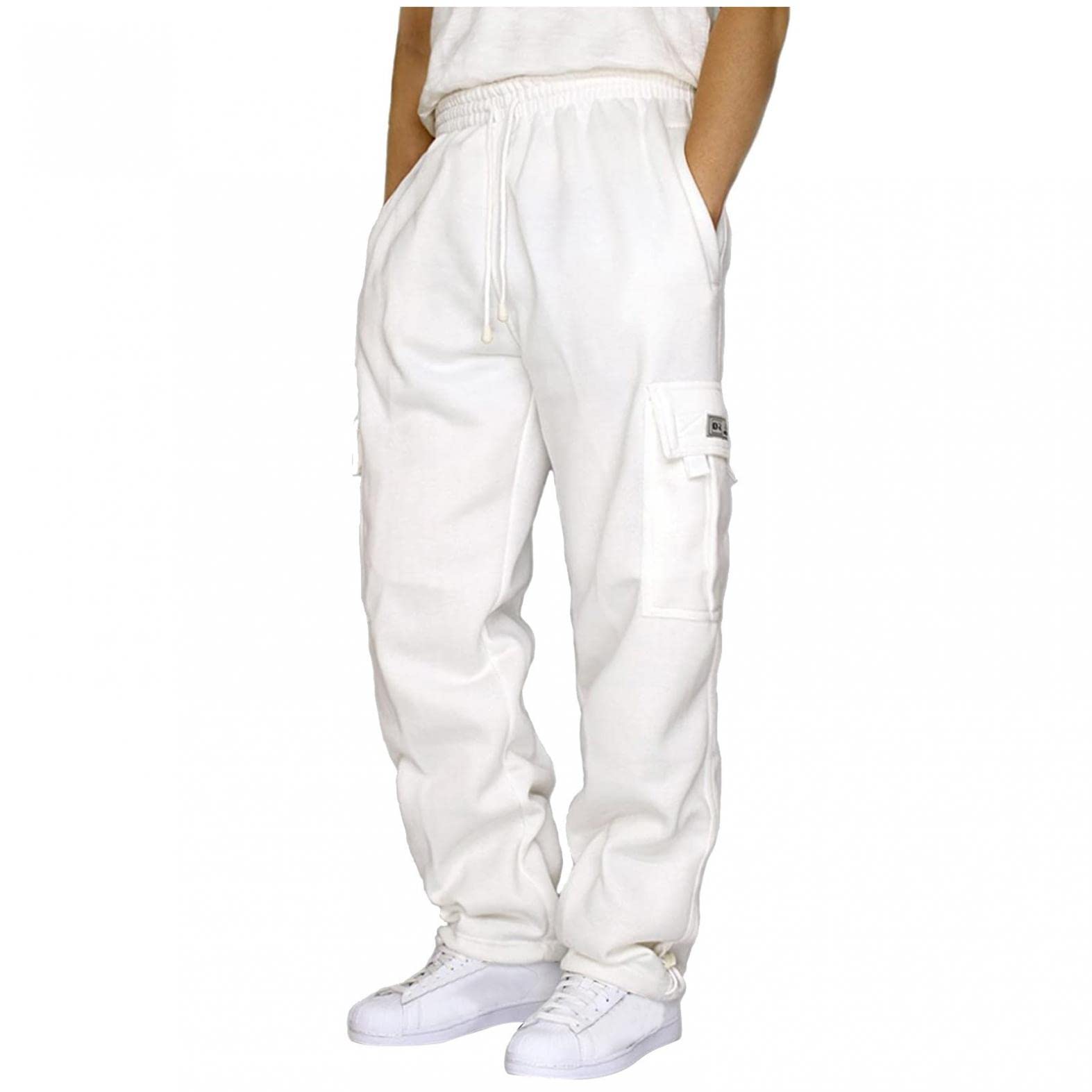 Mens Heavyweight Fleece Cargo Sweatpants Stretch Elastic Waist Baggy Joggers Drawstring Outdoor Trousers with Pockets
