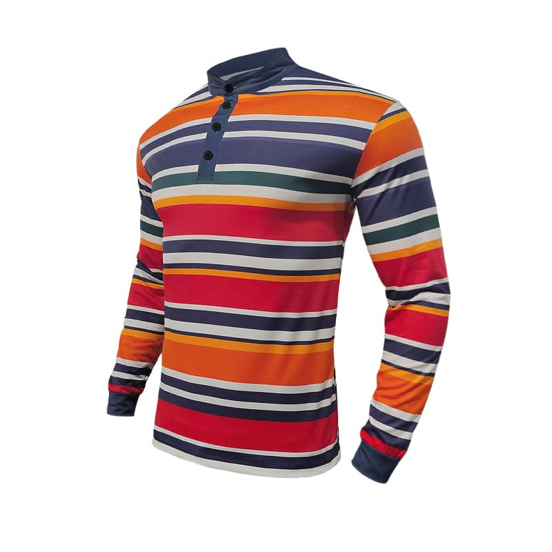 Long Sleeve Shirts for Men 2025 Fall Trendy Color Block Striped T-Shirt Lightweight Button V-Neck Henley Shirts Polo3