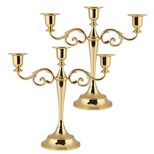 ZJchao 3 Arms Candle Holder, 2 Pcs Metal Gold Silver 3 Branches Candle Stick Stand European Style Candelabra for Dinner Wedding Home Decor (Gold)