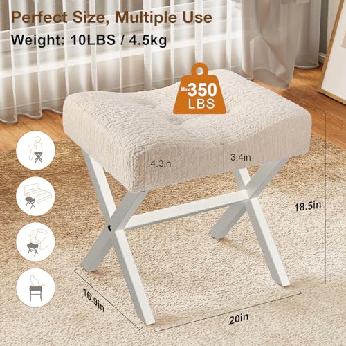 Image of Memobarco 18-Inch Large Vanity Stool Chair, Vanity Bench with Metal X-Legs, Ottoman Accent Stool with Breathable and Soft Boucle Fabric Saddle Seat, Beige