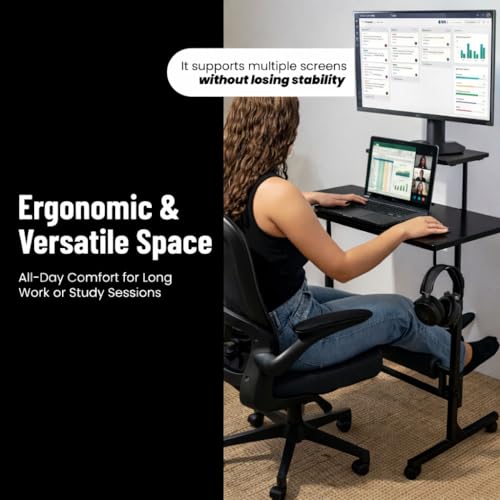 Image of Small Rolling Desk with Wheels, Adjustable Height 27 inch-43.3 inch Portable Standing Desk, 31.5 inchx15.7 inch Tabletop, Mobile Laptop Computer Table for Home Office Workstation, Black