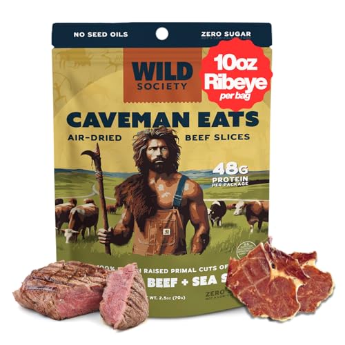 Wild Society - Caveman Eats - Grass Fed Ribeye Steak Slices - 48g Protein - Only Steak & Salt - 2 Ingredients - Air dried Beef Jerky Carnivore Snacks Crisps - Sugar Free, Gluten Free, Keto, Paleo (2.5oz)