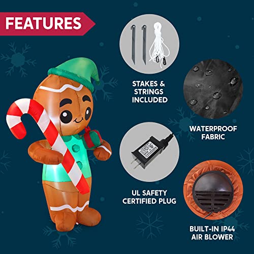Joiedomi 6 Ft Christmas Inflatables Gingerbread Outdoor Decorations, Inflatable Ginger Man Elf Holding Candy Cane With Build-In Leds Blow Up Inflatables For Christmas Party Outdoor, Yard, Garden #TOP5