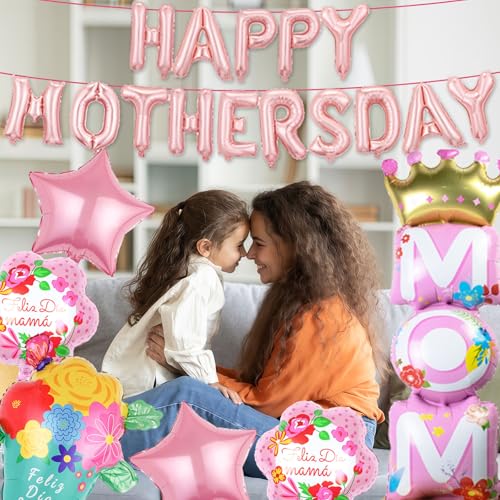 Image of 21pcs Mother Day Balloons Set, Mom Standing Aluminum Balloon Happy Mother Day Foil Balloon Set, Pink Great Mom Day Birthday Party Decoration Balloons