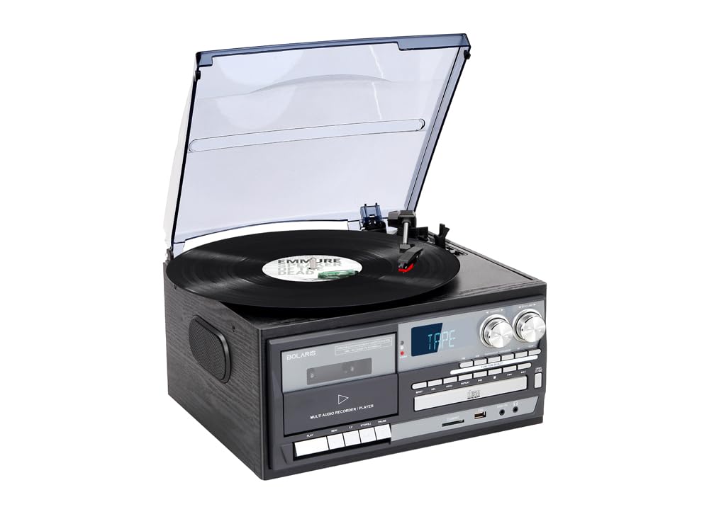 Tocadiscos de vinilo Bluetooth 5.0, 10 W, multifunción, 10 W, RMS, CD, casete, FM, grabación USB/SD, color negro