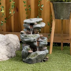 Alpine Corporation - Outdoor 3-Tier Rock Waterfall Fountain with LED Lights for Garden, Patio, Yard, and Porch Décor, Natural Stone Look, 22" H (Gray) Alpine Corporation Outdoor 3 Tier Rock Waterfall Fountain with LED Lights for Garden Patio Yard and Porch Decor Natural Stone Look 22 H Gray